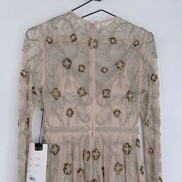Mac Duggal Long Sleeves Embellished Beaded Midi Floral Nude Dress Size 2 - Picture 10 of 14